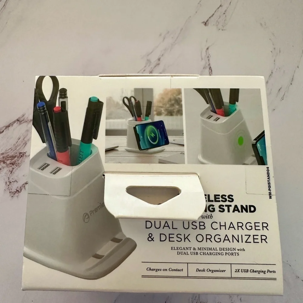 Premier White Wireless Charging Stand Desk Organizer with USB Ports Brand New